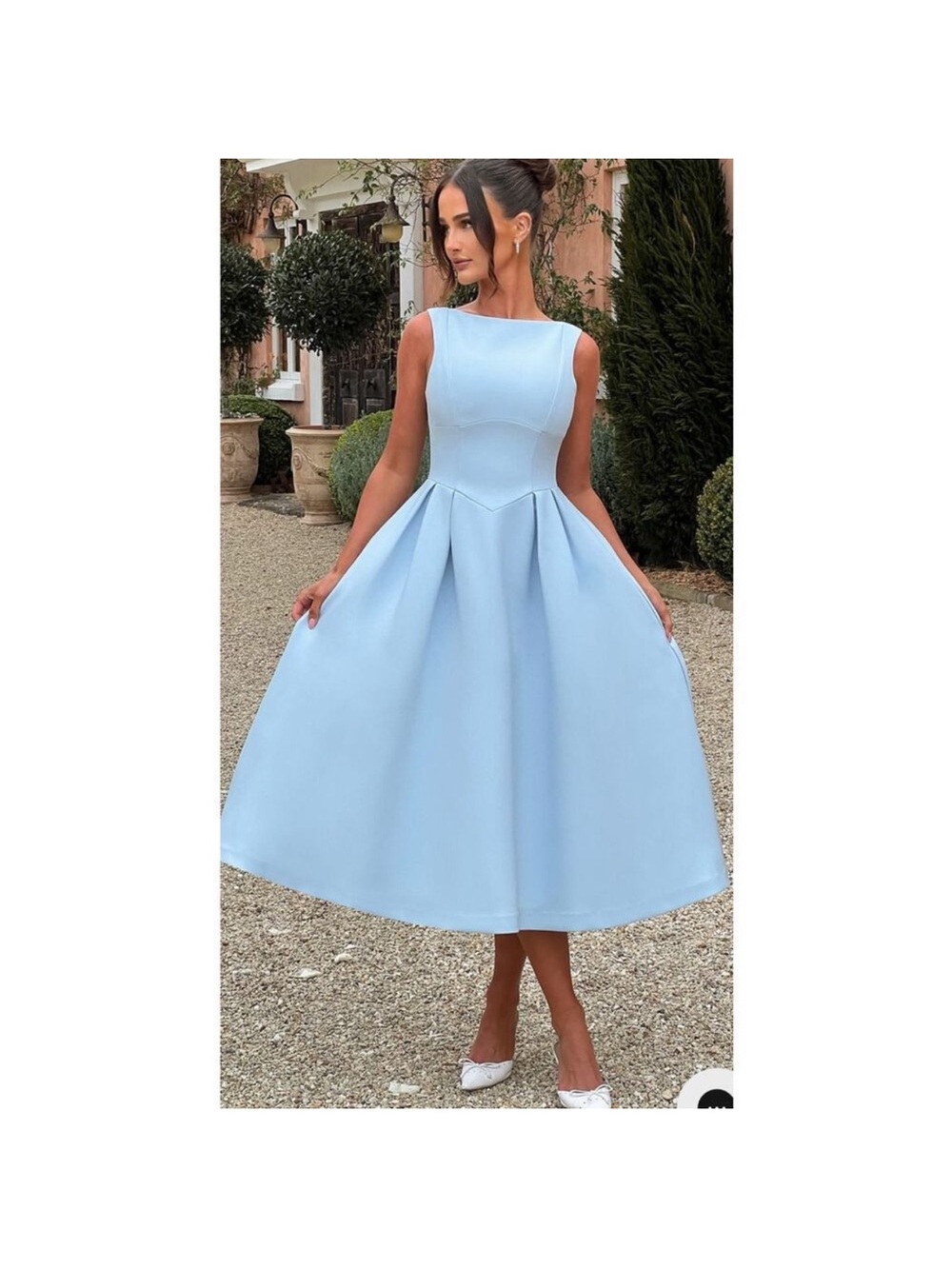 Babyboo Cressidia Elegant Light Blue Midi Dress with Pleated Skirt